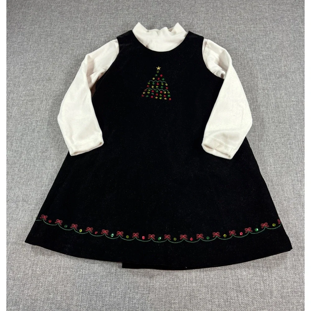Sophie Rose Girls Christmas Velvet Jumper Dress Set 5 Black White Sequin Tree